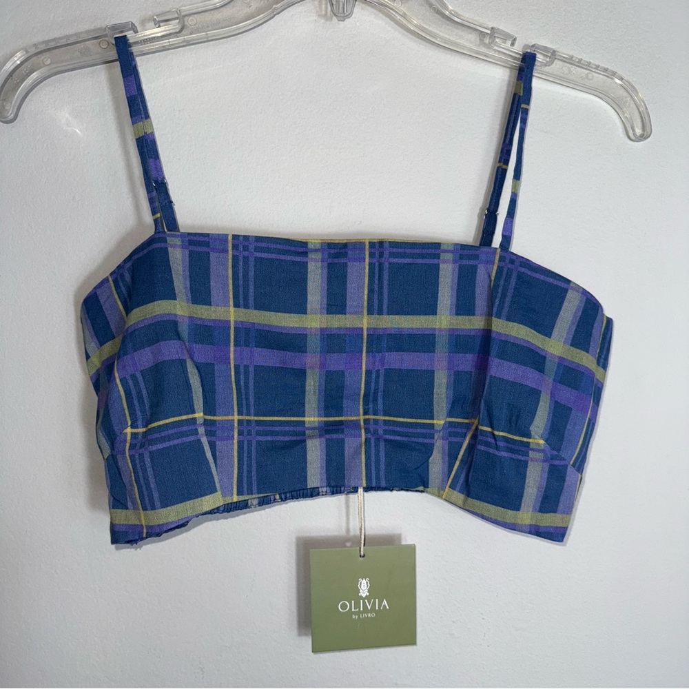 Olivia by Livro Spaghetti Strap Crop Bandeau Top-Cotton-Purple Blue Plaid-S-NWT
